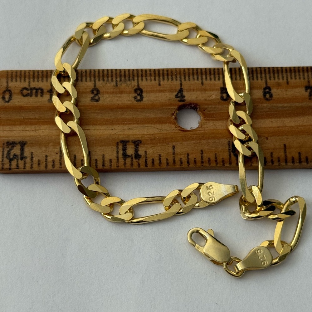 925 Silver 6mm 8” bracelet figaro chain 18k yellow gold plated unisex
